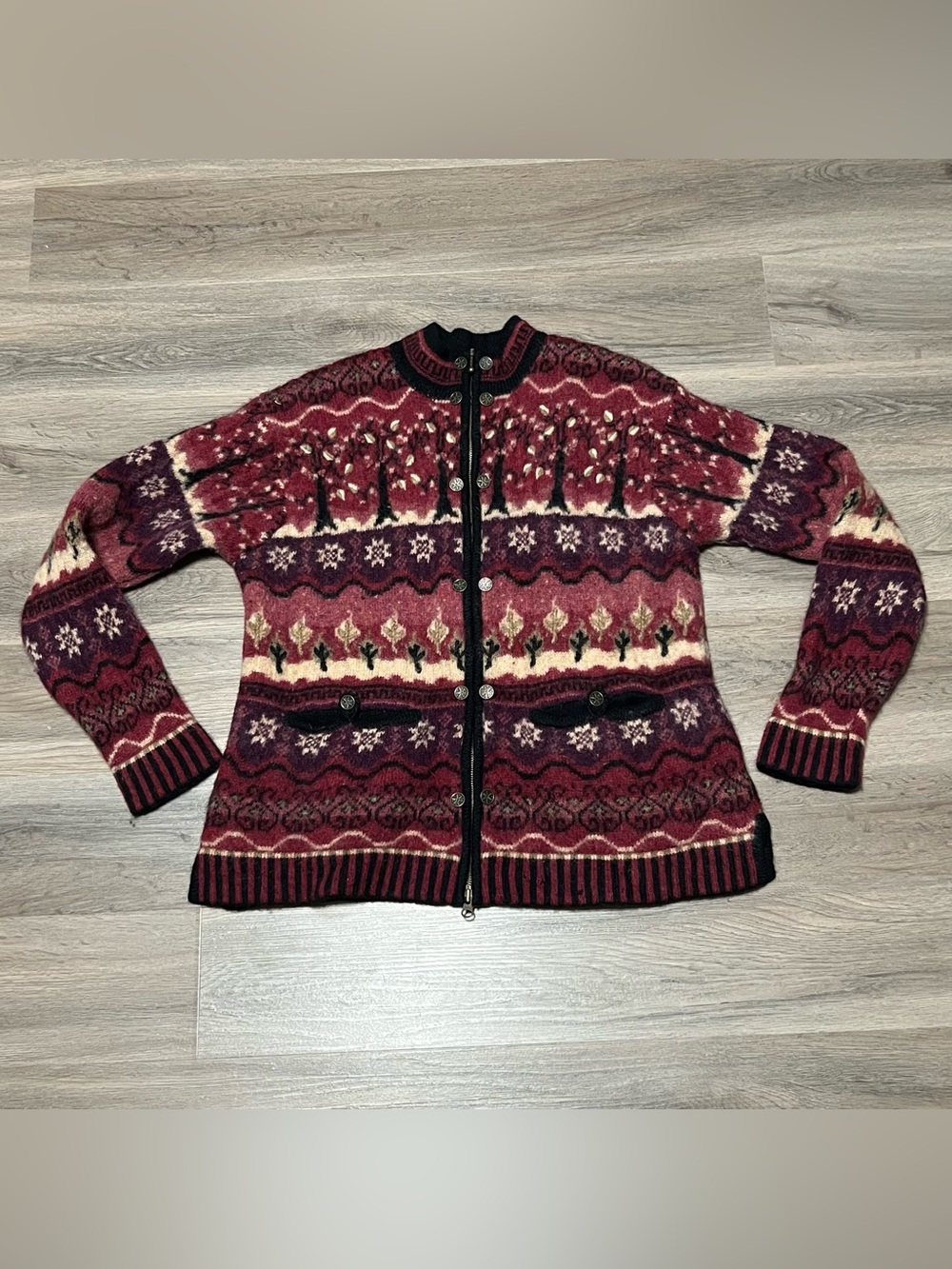 Newton Trading Co Large Cardigan Sweater 100% Wool Black Red Fair Isle Nordic